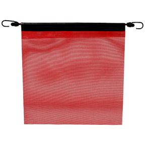 A red mesh bungee flag with metal grommets on the corners, designed for visibility and strength.