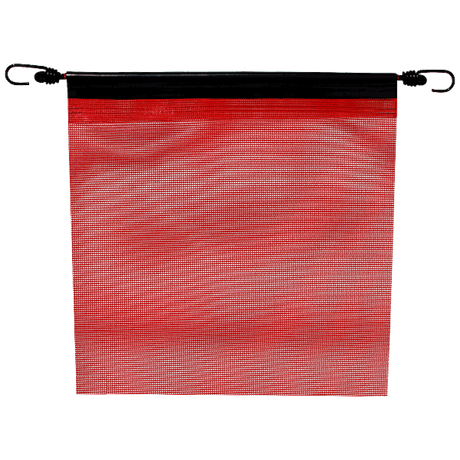 A red mesh bungee flag with metal grommets on the corners, designed for visibility and strength.