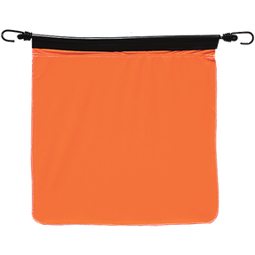 An 18-inch orange square poly bungee flag with metal grommets on the corners for hanging.