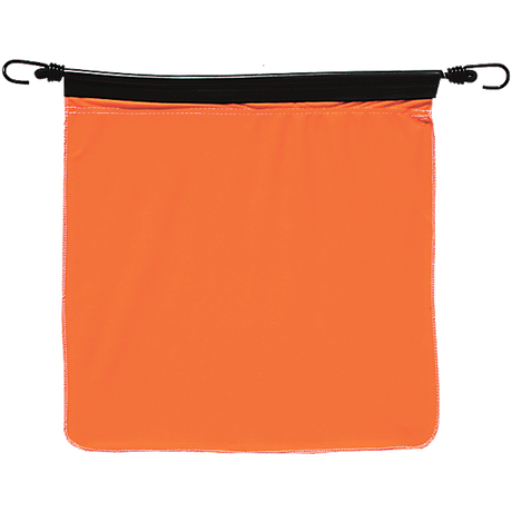 An 18-inch orange square poly bungee flag with metal grommets on the corners for hanging.