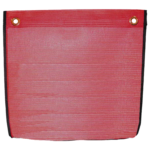 A red square mesh flag with two large grommets and black edge binding.