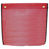 A red square mesh flag with two large grommets and black edge binding.