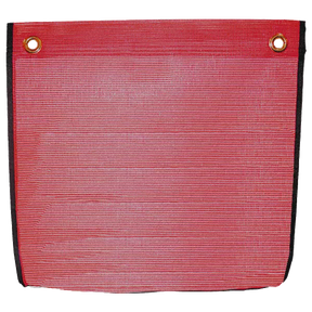 A red square mesh flag with two large grommets and black edge binding.