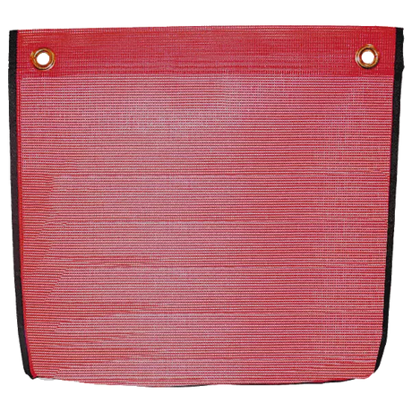 A red square mesh flag with two large grommets and black edge binding.