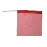A red staff flag with a dowel pocket, designed for attachment to vehicles for visibility on the highway.
