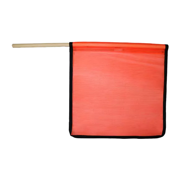 Flo orange mesh flag with wood staff and edge binding