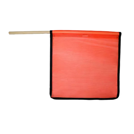 Flo orange mesh flag with wood staff and edge binding