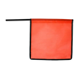 An orange staff flag with a mesh texture mounted on a wooden dowel, designed for visibility on highways.