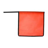 An orange staff flag with a mesh texture mounted on a wooden dowel, designed for visibility on highways.