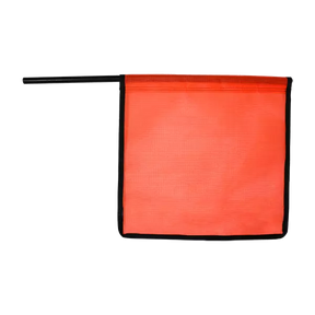An orange staff flag with a mesh texture mounted on a wooden dowel, designed for visibility on highways.