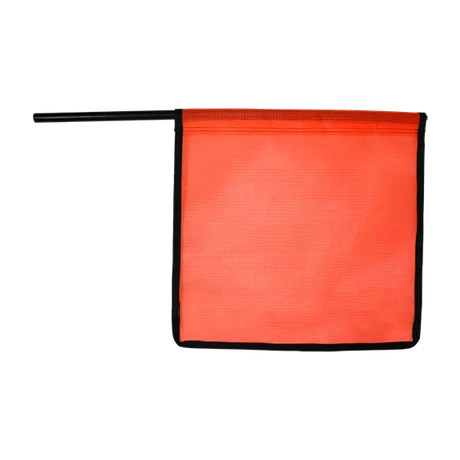 An orange staff flag with a mesh texture mounted on a wooden dowel, designed for visibility on highways.
