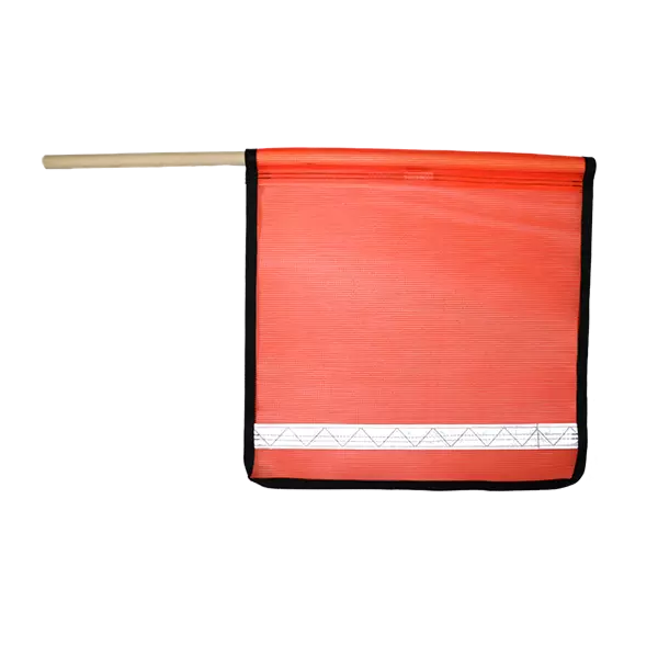 flo orange mesh flag with wood staff and edge binding and reflective