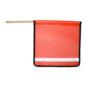 flo orange mesh flag with wood staff and edge binding and reflective