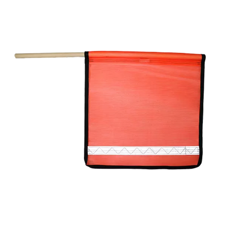 flo orange mesh flag with wood staff and edge binding and reflective