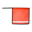 A bright orange staff flag with reflective white stripes and black edge binding, designed for high visibility on roadsides.