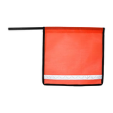 A bright orange staff flag with reflective white stripes and black edge binding, designed for high visibility on roadsides.