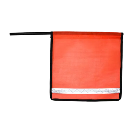A bright orange staff flag with reflective white stripes and black edge binding, designed for high visibility on roadsides.