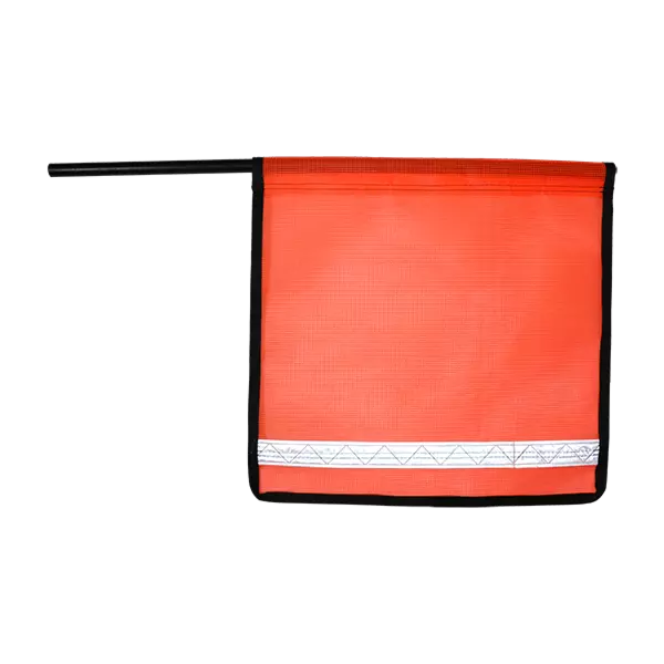 A bright orange staff flag with reflective white stripes and black edge binding, designed for high visibility on roadsides.
