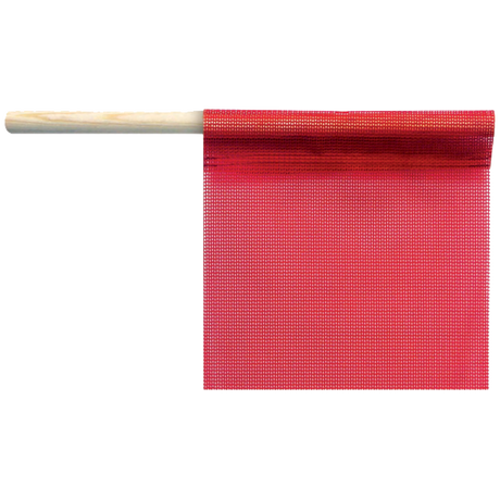 A red staff flag with a wooden staff. The flag appears to be made of a mesh material and is designed for outdoor use.
