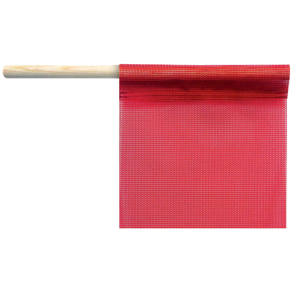 A red staff flag with a wooden staff. The flag appears to be made of a mesh material and is designed for outdoor use.