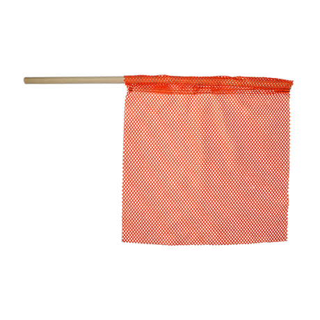 An orange staff flag with a knit polyester jersey texture, hemmed end, and double needle stitching.