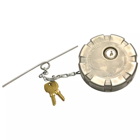 A silver aluminum fuel cap with a chain and two keys attached, designed for Kenworth Trucks.