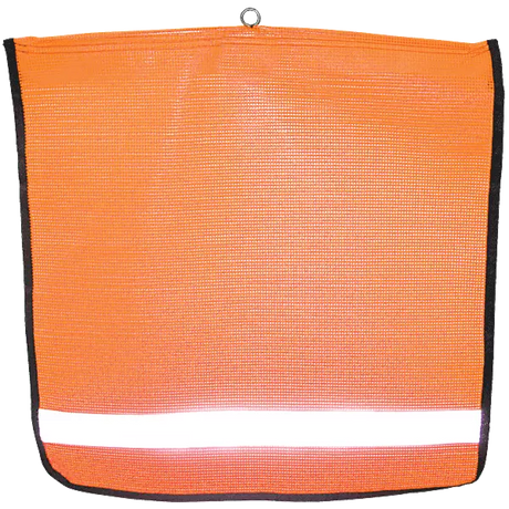 Reflective Flo-Orange Mesh Wire Loop Flag features durable vinyl, reinforced edges, and a protective sleeve for longevity.