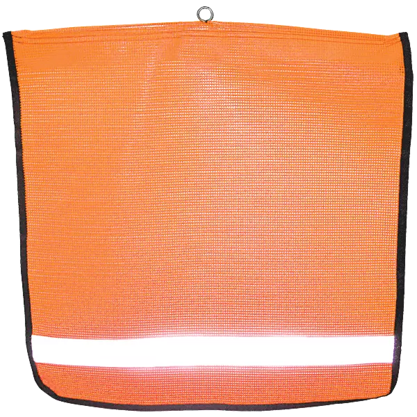Reflective Flo-Orange Mesh Wire Loop Flag features durable vinyl, reinforced edges, and a protective sleeve for longevity.