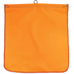 An orange safety flag with a loop at the center for attaching to vehicles or magnets, made from Flo-Orange Vinyl coasted polyester with a steel wire reinforcement.
