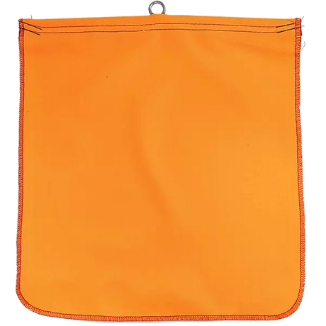 An orange safety flag with a loop at the center for attaching to vehicles or magnets, made from Flo-Orange Vinyl coasted polyester with a steel wire reinforcement.