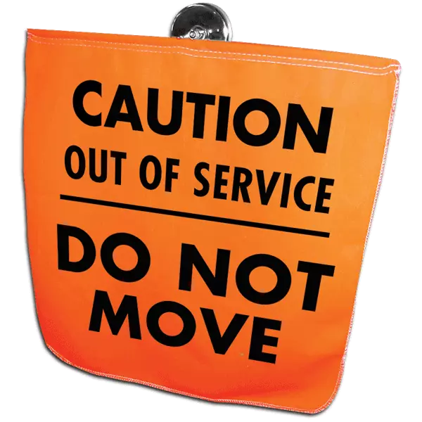 Bright flo-orange Out of Service Wire Loop Flag with bold black lettering, perfect for safety and visibility.