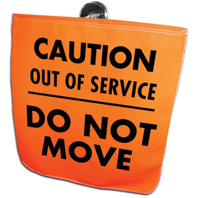 Bright flo-orange Out of Service Wire Loop Flag with bold black lettering, perfect for safety and visibility.