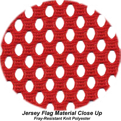 Close-up of the 18" Jersey Red Bungee Flag showcasing durable, fray-resistant polyester for heavy-duty use.
