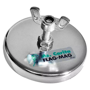 A round silver magnetic flag holder with a chrome cup and a wing nut, designed to attach flags to steel surfaces.