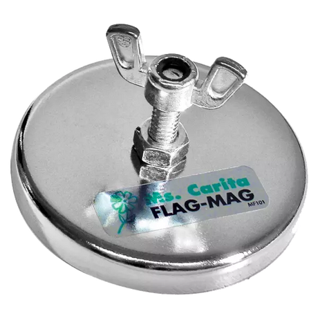 A round silver magnetic flag holder with a chrome cup and a wing nut, designed to attach flags to steel surfaces.