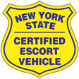A pair of New York State certified escort vehicle decals, with blue lettering on a yellow background, shaped in a shield form.