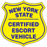 A pair of New York State certified escort vehicle decals, with blue lettering on a yellow background, shaped in a shield form.