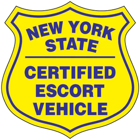 A pair of New York State certified escort vehicle decals, with blue lettering on a yellow background, shaped in a shield form.