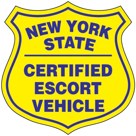 A pair of New York State certified escort vehicle decals, with blue lettering on a yellow background, shaped in a shield form.