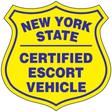 New York State Escort Magnet (PAIR) in blue on yellow, essential for escorts and pilot cars. Made in the USA.