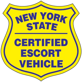 New York State Escort Magnet (PAIR) in blue on yellow, essential for escorts and pilot cars. Made in the USA.