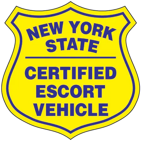 New York State Escort Magnet (PAIR) in blue on yellow, essential for escorts and pilot cars. Made in the USA.