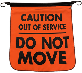 Orange sign with black text 'Caution Out of Service Do Not Move' on a clear background