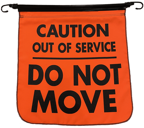 Orange sign with black text 'Caution Out of Service Do Not Move' on a clear background