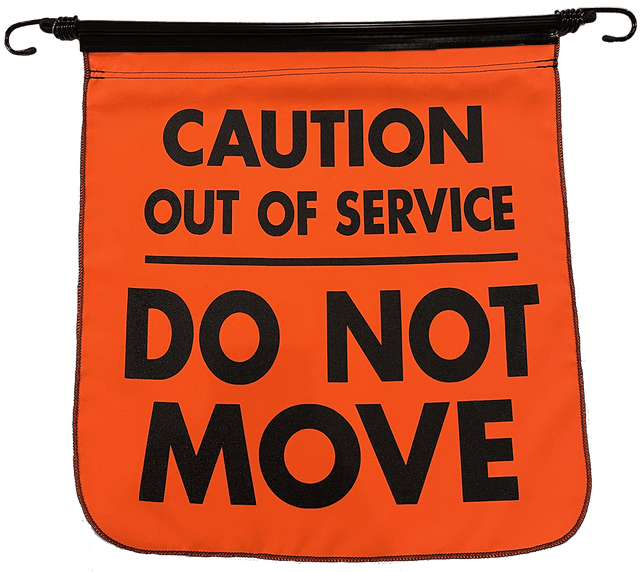 Orange sign with black text 'Caution Out of Service Do Not Move' on a clear background
