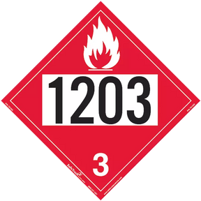 A red warning decal with the number 1203 and a flame symbol above the text.