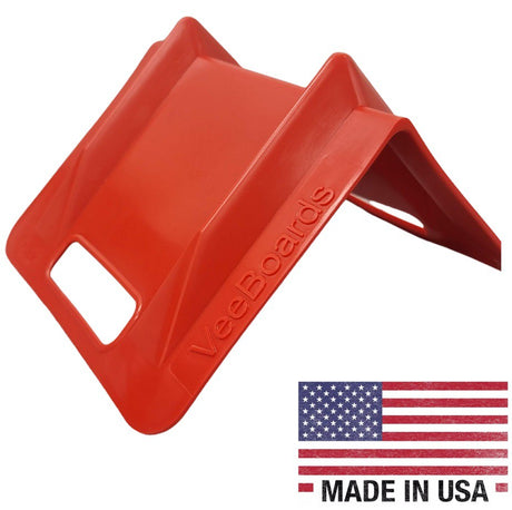 A red VeeBoards cargo control device displayed with a 'Made in USA' label.